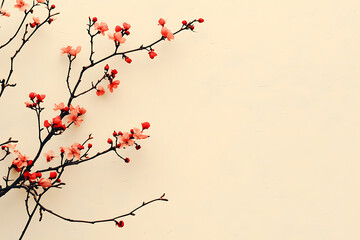cherry blossom branch with cream  background