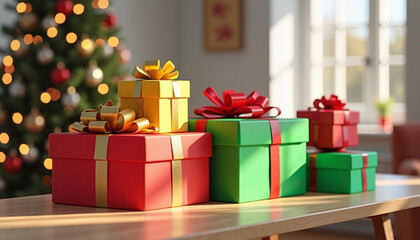 Obraz premium Christmas gift boxes in red and green with ribbons on a table in a festive setting