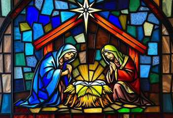 Fototapeta premium Stained glass window. The Nativity of Jesus. Christmas card design, printable pattern for wall decorations. Oil paint