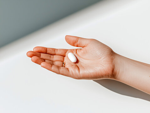 Close-up of a female hand holding a single white pill with a neutral background, medical concept
