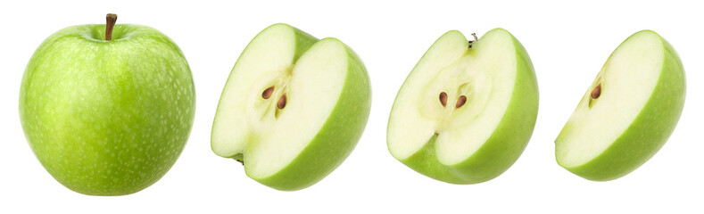 green apple (granny smith apple), half and slice isolated, transparent PNG, PNG format, cut out
