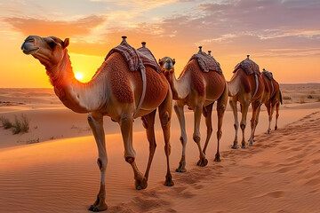 Dromedary camels walking in desert sand dunes at sunset
