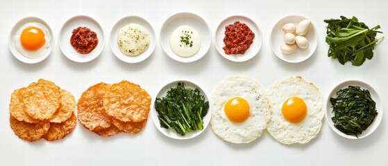 Fried Eggs with Various Toppings and Sides.