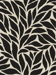 Seamless black and grey floral background with leaves. Hand drawn minimal abstract organic shapes pattern. Vector grey abstact pattern with black leaves.