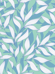 Seamless green and blue floral background with leaves. Hand drawn minimal abstract organic shapes pattern. Delicate vector green abstact pattern with white leaves.