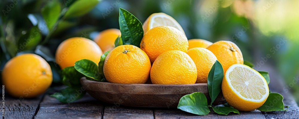 Aufkleber fresh oranges and lemons resting in wooden bowl on rustic table