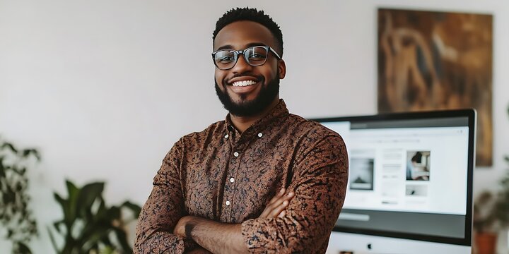 Australian male web designer standing confidently in front of a monitor displaying a website