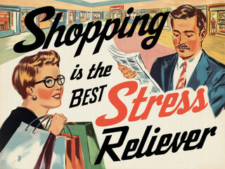 Retro shopping advertisement with stress reliever message in vintage style
