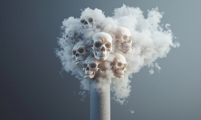 A surreal image of a smokestack emitting clouds of smoke, which take the shape of multiple skulls, symbolizing pollution and mortality.