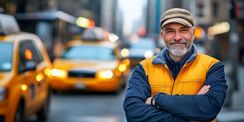 Fototapeta premium Taxi driver standing proudly next to a cab, smiling, portrait shot