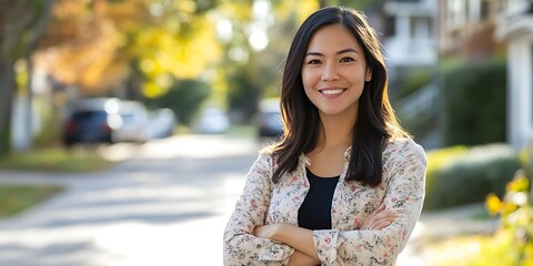 Portrait of female community organizer standing confidently in neighborhood, advocating for change