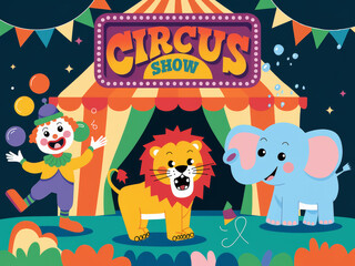 Obraz premium Colorful circus show with clown, lion, and elephant in a playful tent setting