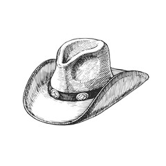 Vector hand-drawn illustration of hat. Cowboy accessory. Black and white sketch of Wild West symbol.
