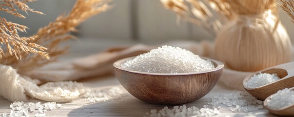 Wooden bowl brimming with coarse sea salt crystals for a relaxing spa experience