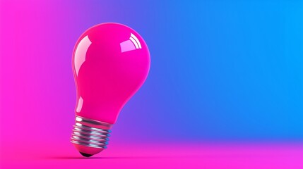  3D render of a pink light bulb on a blue background, creative idea concept, isolated on a pastel background, with copy space.