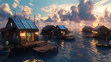 Obraz premium A fishing village by the sea, featuring simple wooden huts equipped with solar panels to power lights and small appliances