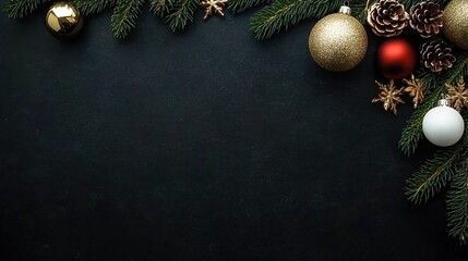 Festive Christmas border, pine branches and gold-white ornaments on a black background, perfect for New Year's decorations, with text copy space, professional color grading, cinematic lighting