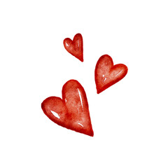 Hand drawn watercolor red hearts in various sizes on a white background expressing love and affection