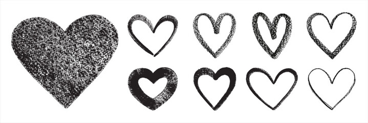 Hand drawn hearts collection. Artistic brush crayon pastel charcoal chalk drawn bold line linear heart shapes. Valentine's day artistic templates set. Rough, textured edge. Graphic design elements.