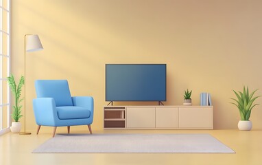 A cozy living room with a blue armchair, TV, and plants against a warm yellow wall.