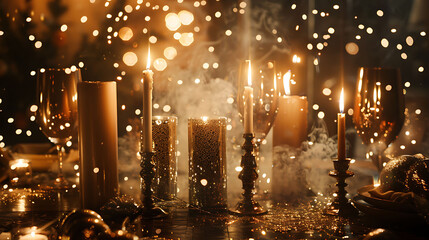 A luxury New Yeara??s Eve celebration setting with candles and glittering decorations,