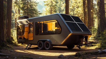 A modern RV parked in a picturesque forest clearing, equipped with portable solar panels charging camping gear under dappled sunlight