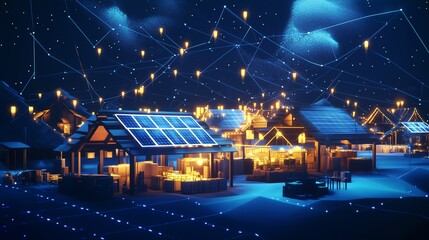 Obraz premium Rural marketplace lit by solar-powered LED lights, presented against dark blue background with dynamic low poly designs and radiant energy lines, emphasizing sustainable commerce and rural vitality.