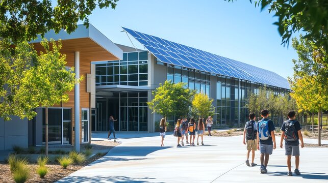 A school building with a solar energy monitoring system displayed at the entrance, students learning about renewable energy