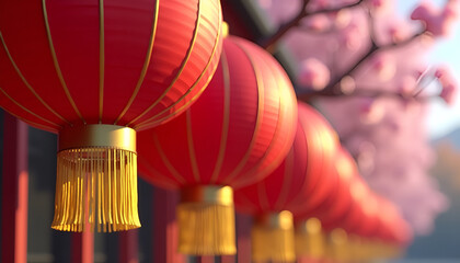 Close-up view of red Chinese lanterns with golden tassels and cherry blossoms in the background, red and gold lanterns