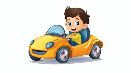 Fototapeta premium A cartoon boy is driving a yellow toy car.