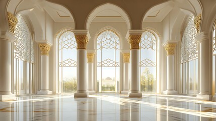 Fototapeta premium Interior of a white golden luxury palace mosque with columns and sunlight windows