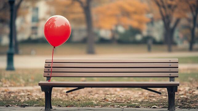 single red balloon tied to an empty park bench, with a city park in the background
