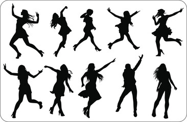 Silhouettes of Women Dancing in Motion, Graceful Dancing Girls Silhouettes on white Background,