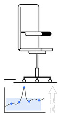 Fototapeta premium Office chair with wheels line graph with data points upward arrow. Ideal for business growth, career progression, workplace dynamics, efficiency, development, productivity, ambition. Line metaphor