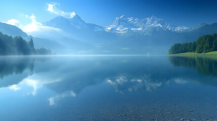 Naklejka premium Serene mountain landscape reflected in calm water.