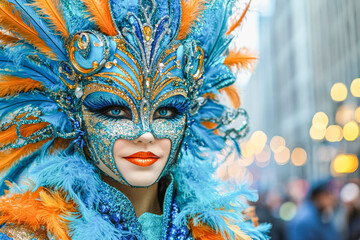 Ornate mummers parade mask close-up with colorful feathers and glittering details
