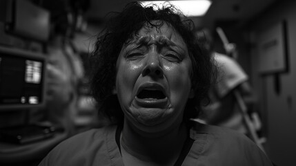 A woman cries in distress, her face contorted in pain. The grayscale image adds a sense of urgency.