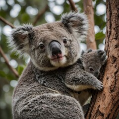 Naklejka premium A cute baby koala clinging to its mother's back in a tree.
