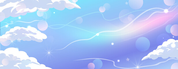 Clear blue sky with clouds and rainbow.