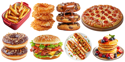Assorted fast food items including pizza, burgers, hot dogs, donuts, pancakes, fries, onion rings, and cookies cut out isolated transparent PNG