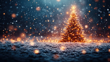 Naklejka premium A cheerful and festive Christmas card featuring a snow-covered Christmas tree, shining stars, and delicate snowflakes.