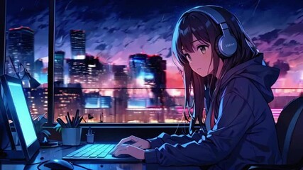 Anime girl working on computer while listening to music with rainy city background at night, 4k High-Quality Wallpaper Background Animation Video - Powered by Adobe