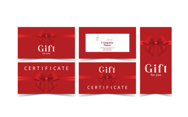 Gift card template with realistic red bow. Certificate, coupon, flyer design. Discount card for shop or boutique. Vector illustration
