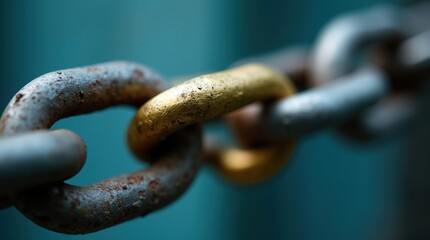Close-Up of Metal Chain with One Golden Link Signifying Uniqueness