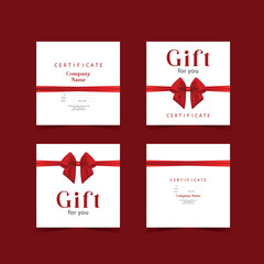 Gift card template with realistic red bow. Certificate, coupon, flyer design. Discount card for shop or boutique. Vector illustration
