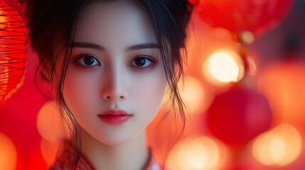 Obraz premium Elegant Portrait with Red Lantern Background