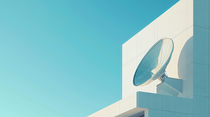 A close-up of a modern satellite dish antenna, reflecting sunlight, mounted on a white building with a clear blue sky in the background.