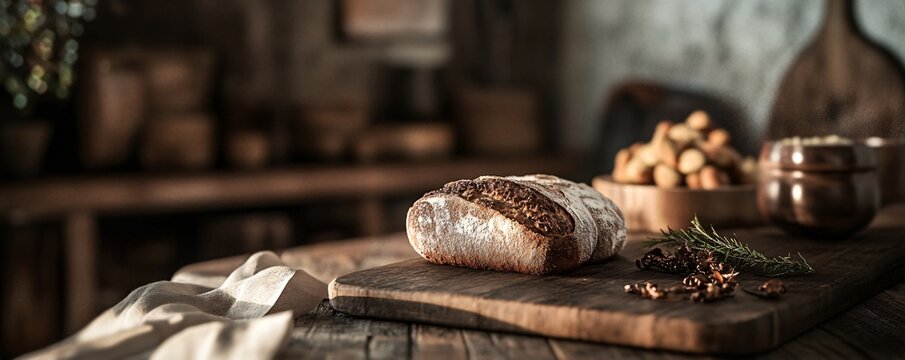 Loaf of freshly baked bread resting on wooden cutting board in rustic kitchen