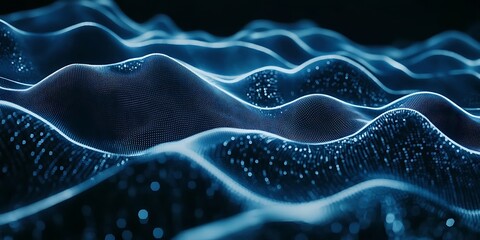 Futuristic digital wave pattern in blue tones with empty space for text, modern tech inspired feel and sleek design