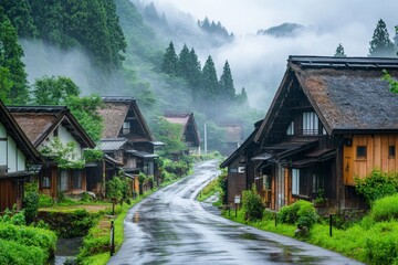 Misty mountain village road with traditional houses after rain.